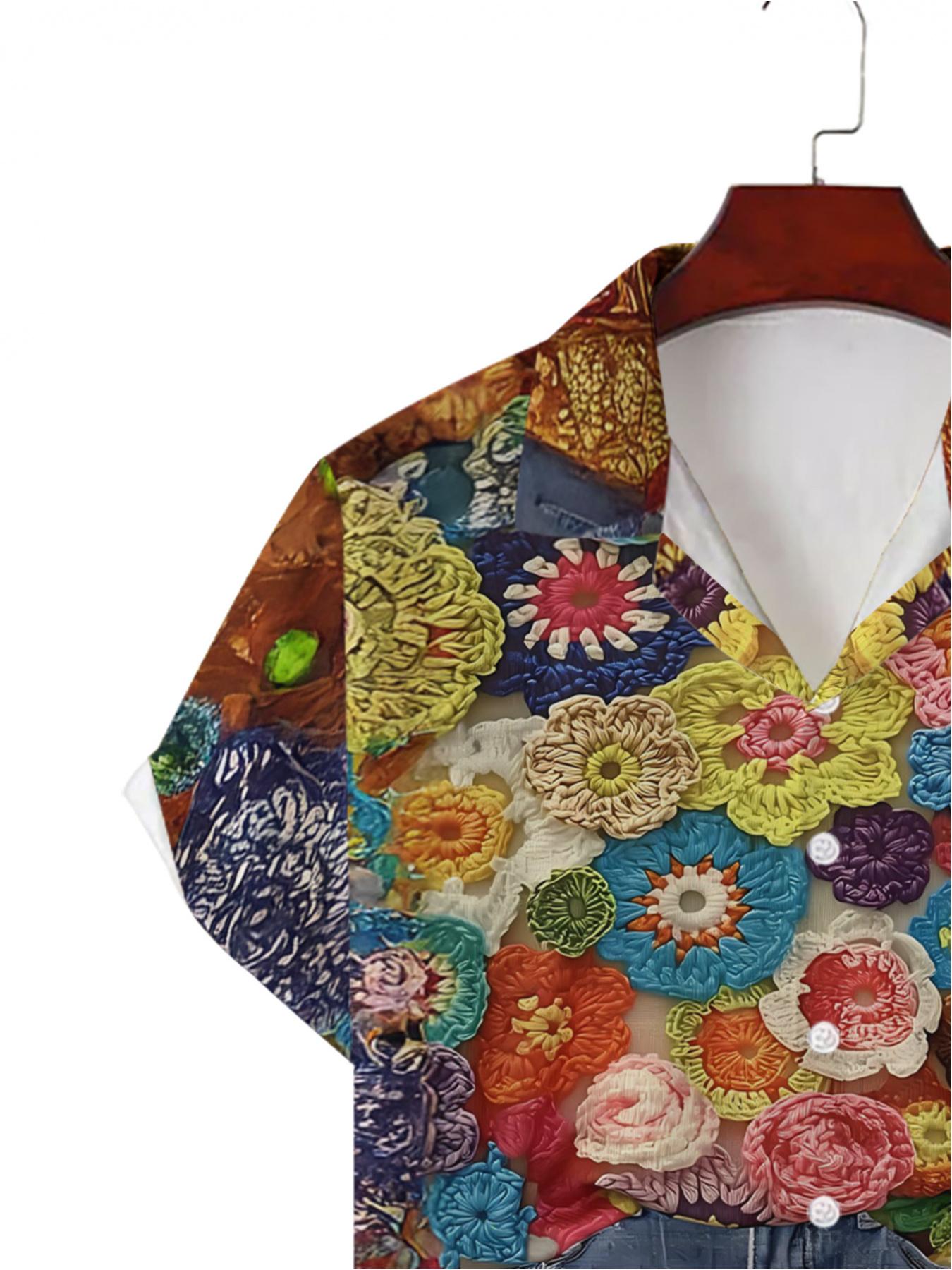 Men's Hawaiian Shirt - Flat Digital Print Pattern - No Texture - Colorful Crocheted Floral Denim Patchwork, Fashionable and Simple Short Sleeves, Buttoned, Casual Collar Shirt, Stylish and Versatile, Suitable for Dates, Beach Vacations, a Perfect Gift for
