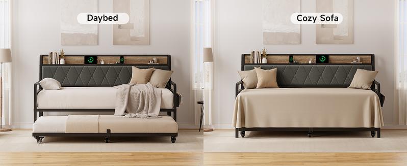 【Valentine's Day gift】ONBRILL Twin Daybed with Trundle, Metal Bed Frame with Ergonomic Upholstered Headboard & Charging Station, Sofa Day Bed with Pop up Trundle for Living Room, Bedroom, Playroom, and Guest Room