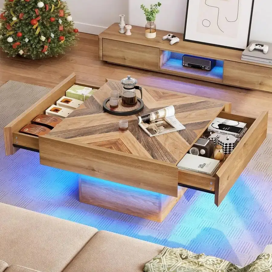 Farmhouse LED Coffee Tables Square Center Table With Storage For Living Room Mobile Standing Desk Wheels Mirrored Console Inlay