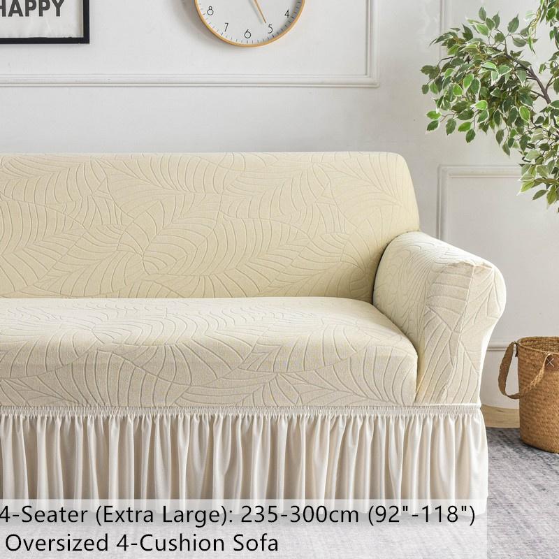 Water Repellent Stretch Sofa Cover, Ruffle Skirt, Leaf Jacquard, Anti-Slip, Pet & Kids Friendly, Furniture Protector for 1/2/3 Seater, Washable Elastic Sofa Slipcover