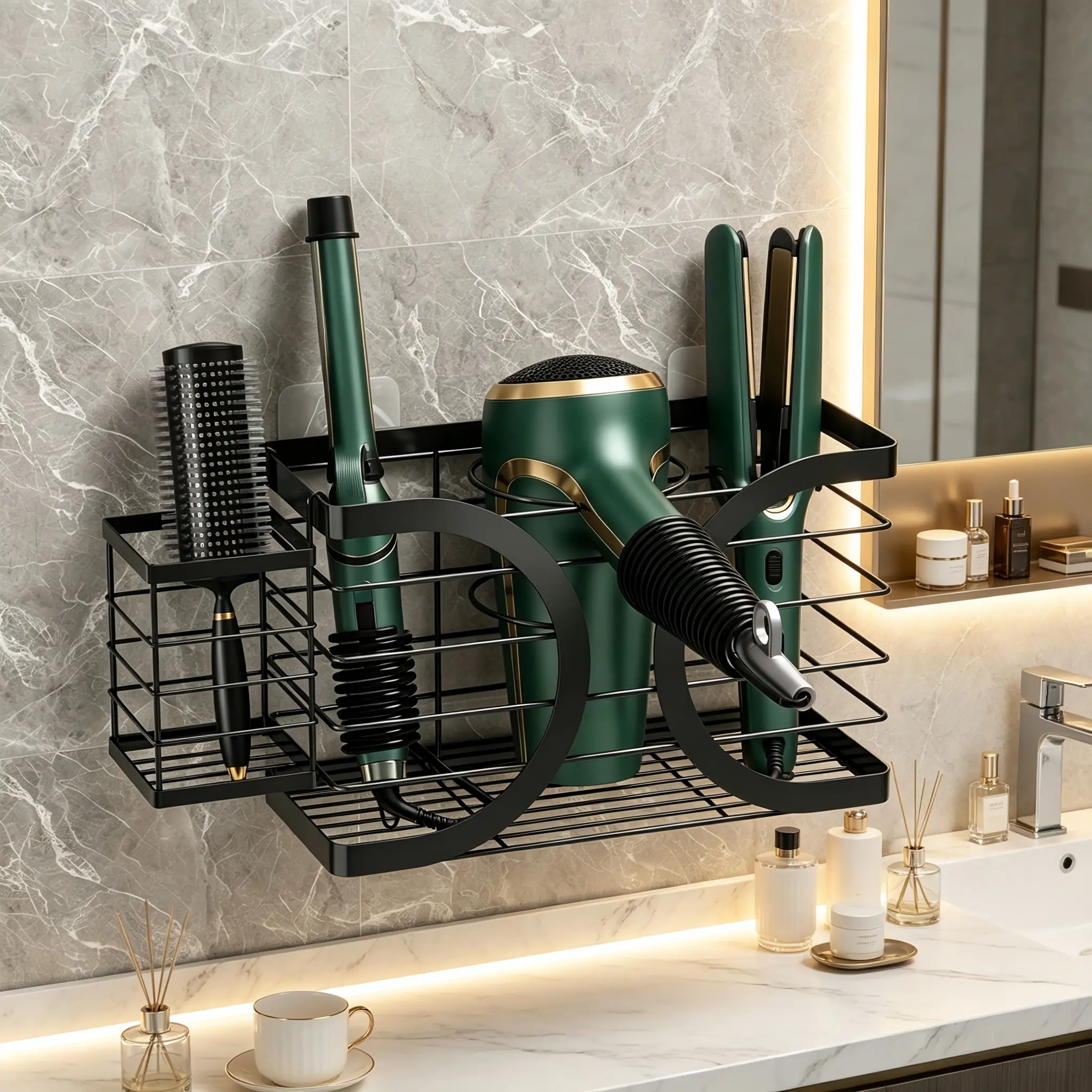 Wall Mounted Hair Tool Organizer, Metal Bathroom Storage Rack for Hair Dryer, Curling Iron, Flat Iron & Hair Comb, Space-Saving No Drill Hair Styling Accessories Holder for Bathroom Vanity