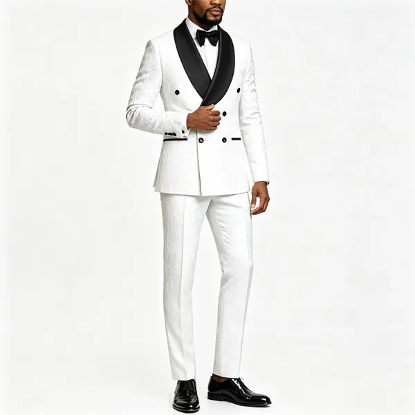 Men's White Floral Jacquard Polyester 2-Piece Double Breasted Fitted Tuxedo with Black Satin Lapel & Rhinestones, Woven Party Evening Wear for Wedding Groom, Cold Wash & Dry Clean Compatible