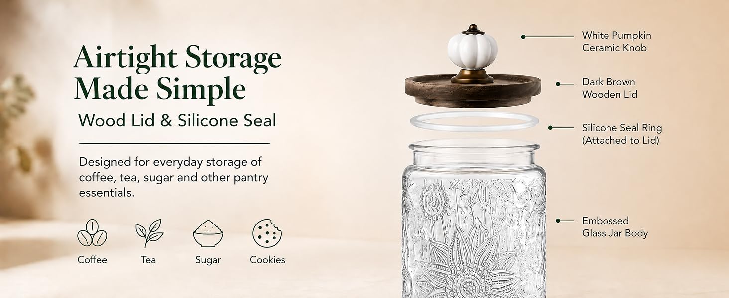 Arthink 23.7 Fl Oz Vintage Glass Storage Jar with Pumpkin Lid, Airtight Glass Canister for Coffee, Sugar, Tea, Cookies, Candy, Pasta & Cereal, Embossed Pantry Container homeessentials
