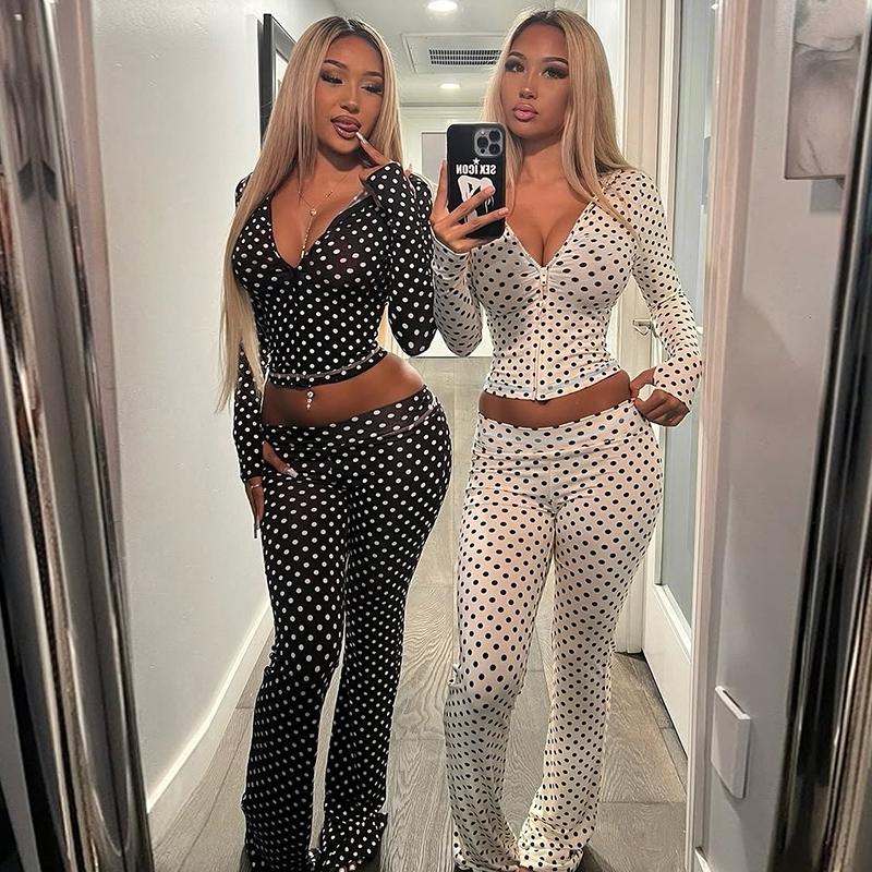 Women's Top & Pants Two-piece Set, Polka Dots Print Zipper Up Extra Long Sleeve Hooded Sweatshirt Top & Flare Leg Long Pants Sets, Casual Cut Out Sleeves Hoodies Coat Cardigan Crop Top With Bottoms Suit, Ladies Spring Fall Winter Trendy Casual Outfits