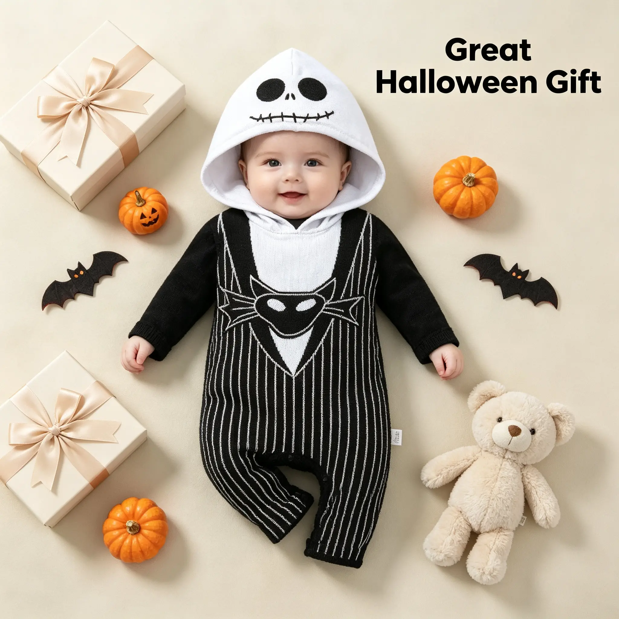 Baby Halloween Skeleton Hooded Romper, Unisex Slim-Fitting Polyester Blend-Stretch Elastane Costume, Skeleton Theme Outfit for Newborn-Infant Toddler, Unisex Wear