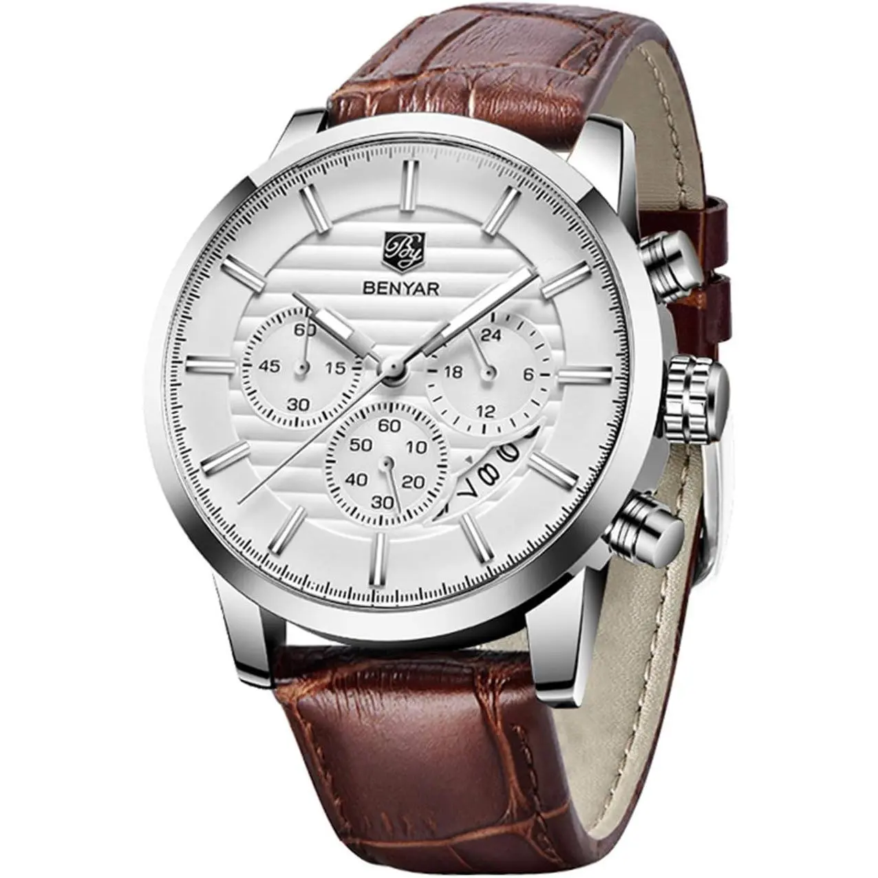 Men's Vintage Quartz Chronograph Waterproof Watch, Business-Sport Design, Rectangular Face with Small Dials, Leather Strap Wristwatch