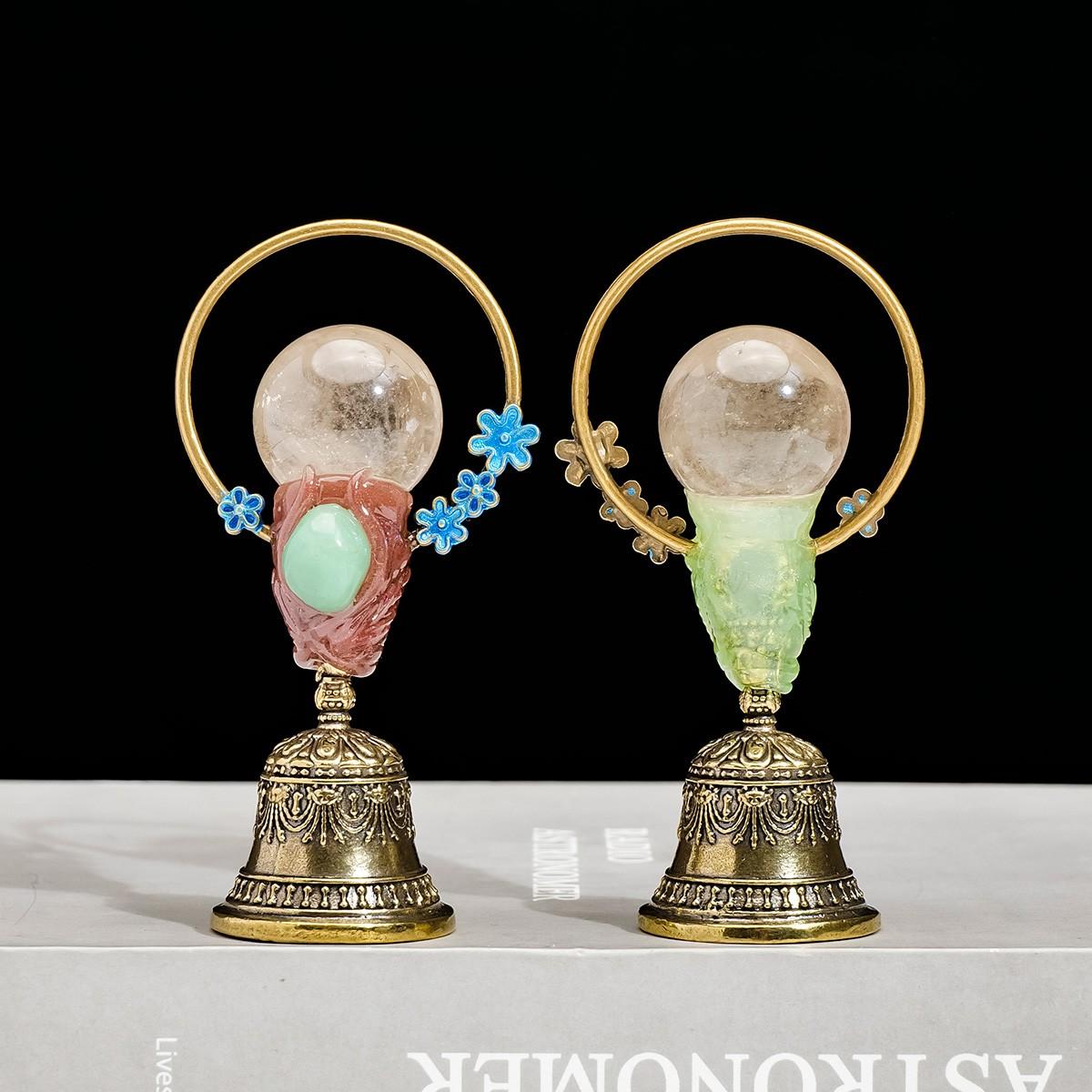 Natural Crystal Ball Brass Hand Bell, Copper Feng Shui Healing Bell, Home Decoration, Christmas Bell Gifts & Souvenir, 1pc