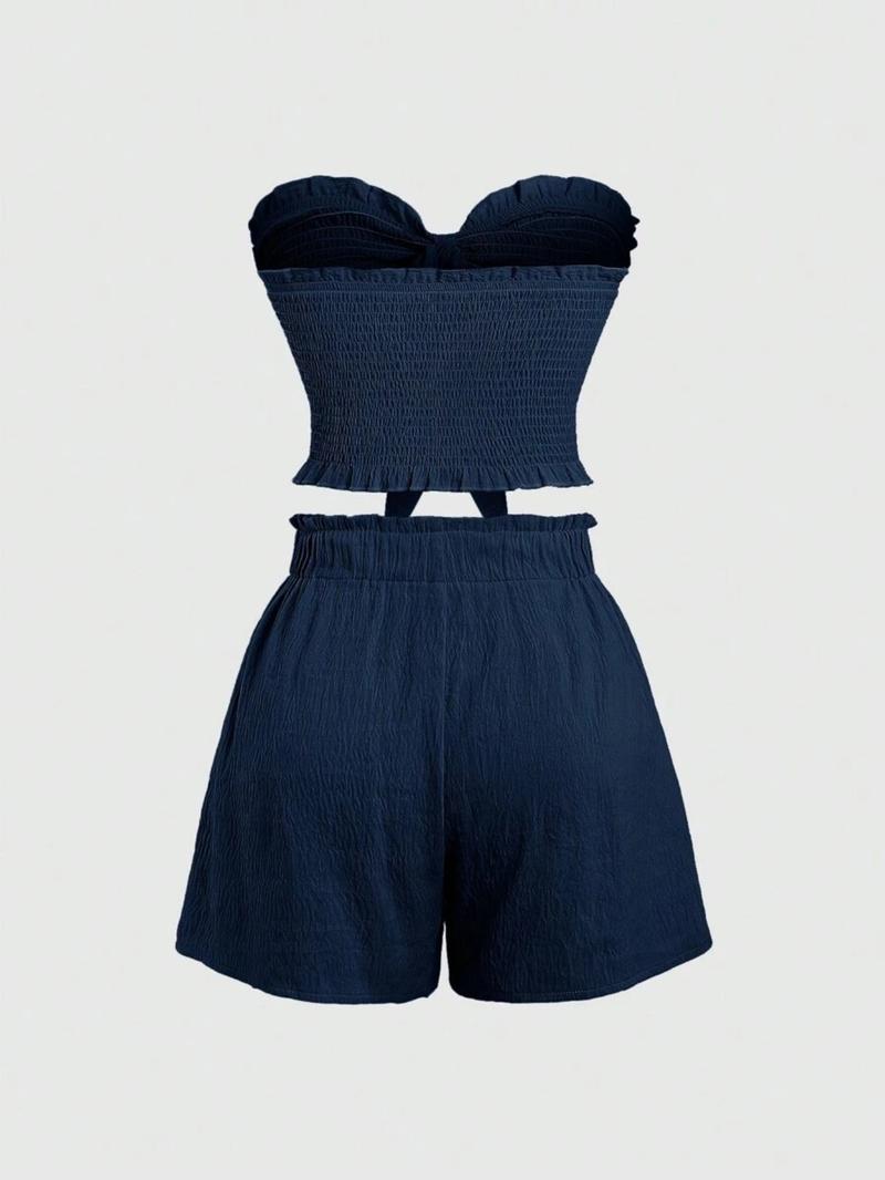 Two-Piece Set Women's Solid Color Crop Tube Top & Elastic Waist Shorts Set, Casual Fashion Cozy Outfits for Daily Outdoor Wear, Ladies Clothes for Summer