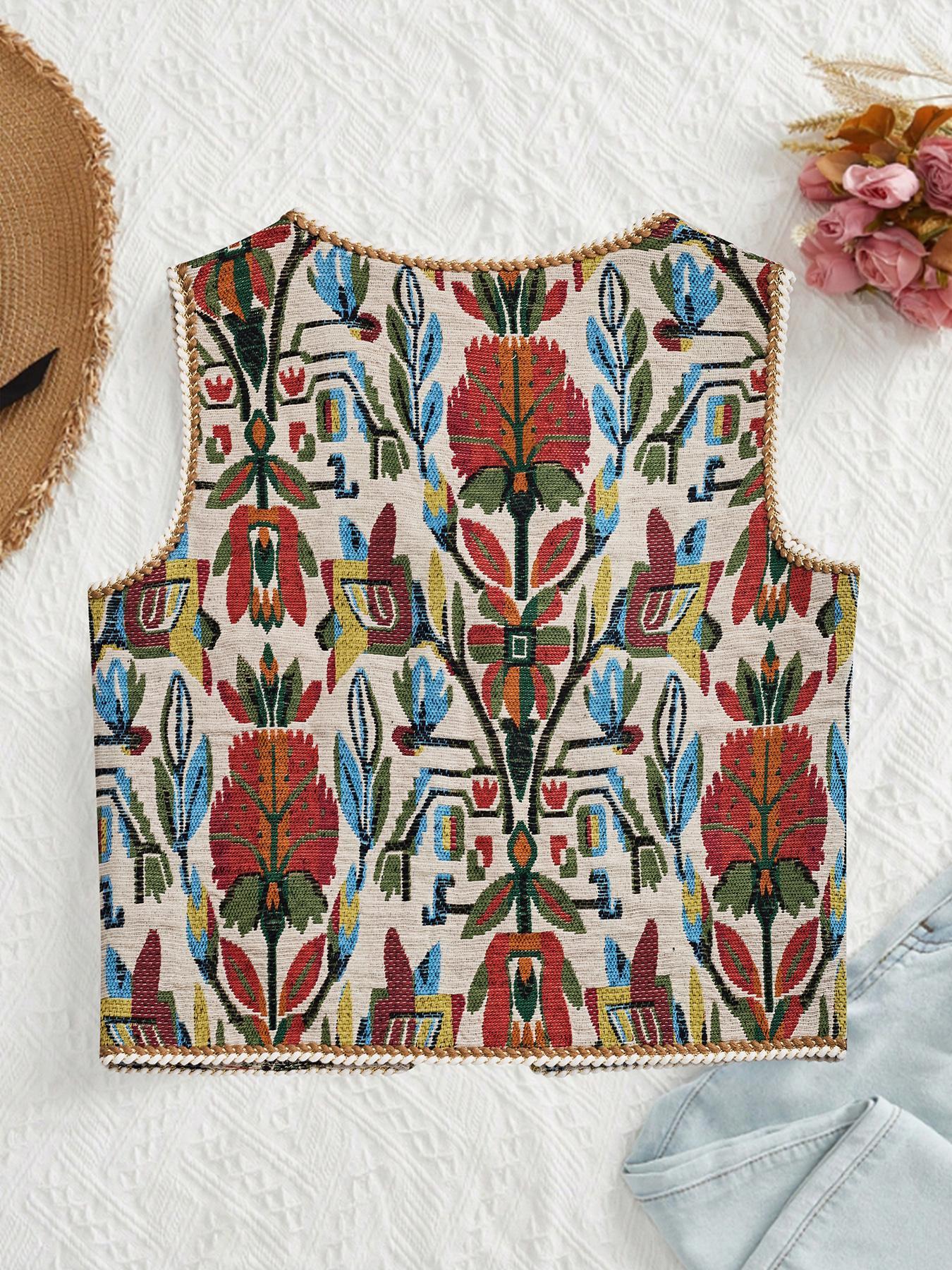 Women's Floral Pattern Tie Front Fitted Lightweight V Neck Vest, Boho Sleeveless Outerwear for Beach Vacation Holiday, Ladies Clothes for All Seasons