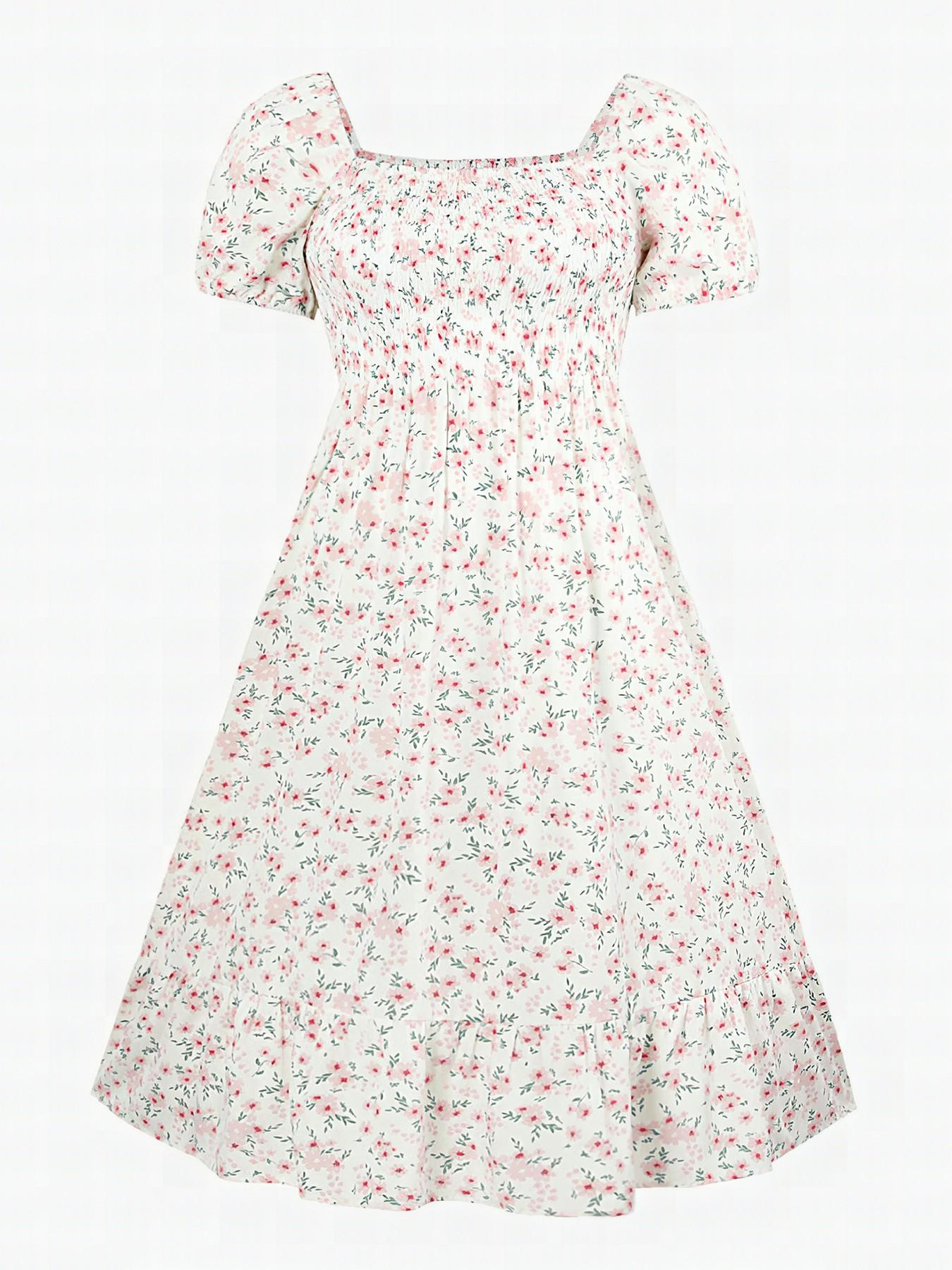 Women's Airy Elegant Chic Aesthetic Boho Style Allover Floral Print Scoop Neck Short Sleeve Pleated Maxi Dress for Summer
