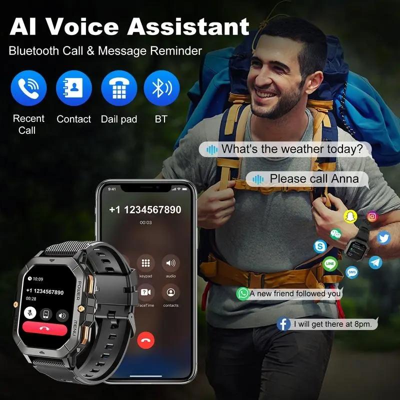 Men's Wearable Smart Watch C28: 2.02 inches, military design, supports calls, 5 ATM water resistance, can monitor heart rate/blood oxygen/sleep/step count, over 100 sports modes, compatible with Android/iOS systems