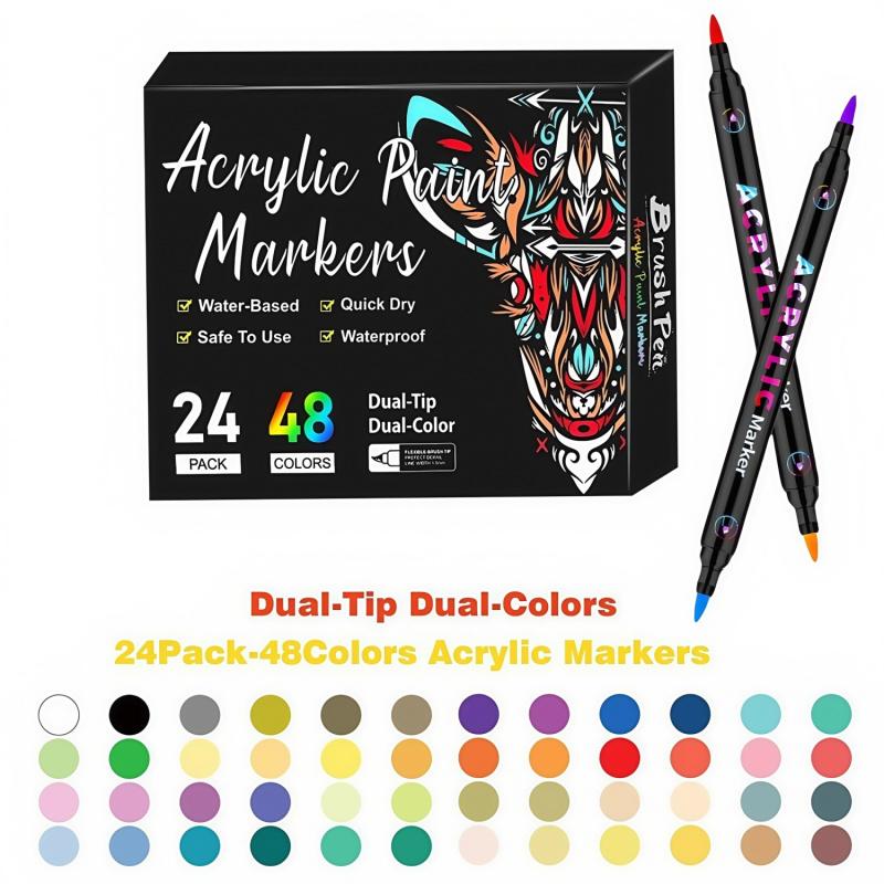 Acrylic Paint Markers Pens Set, Dual Tip Dual-Color Brush Tips Acrylic Paint Pens, Creative Coloring Markers, Acrylic Drawing Markers for Rocks, Wood, Canvas, Stone, Fabric, Plastic DIY Art Supplies Back to school