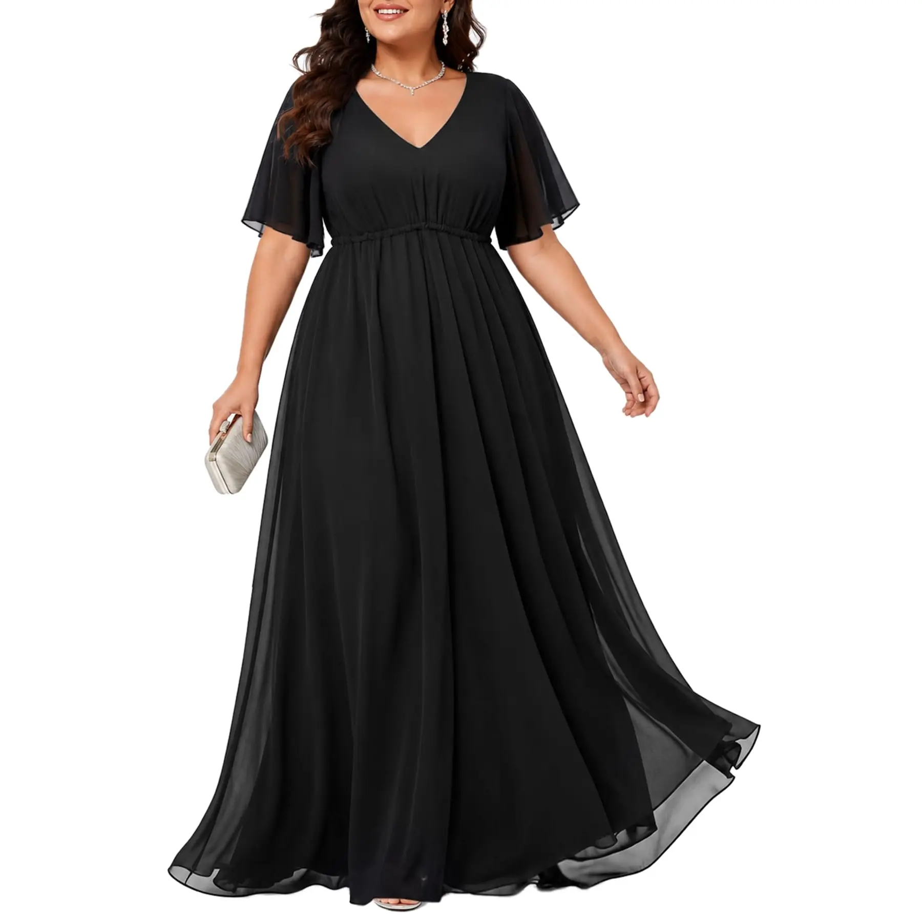 Pinup Fashion Women's Plus Size Curvy Chiffon Ball Gown - Double V-Neck, Empire Waist, Basic Fabric, Elegant Evening Party Formal Maxi Wedding Guest Dress
