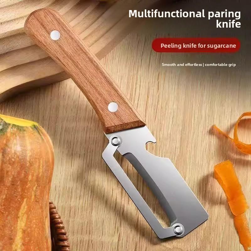 Wooden-Handled Stainless Steel Sharp Peeler with Built-In Bottle Opener for Fruits & Vegetables Ergonomic Non-Slip Handle Long-Lasting Construction Essential Kitchen Tool
