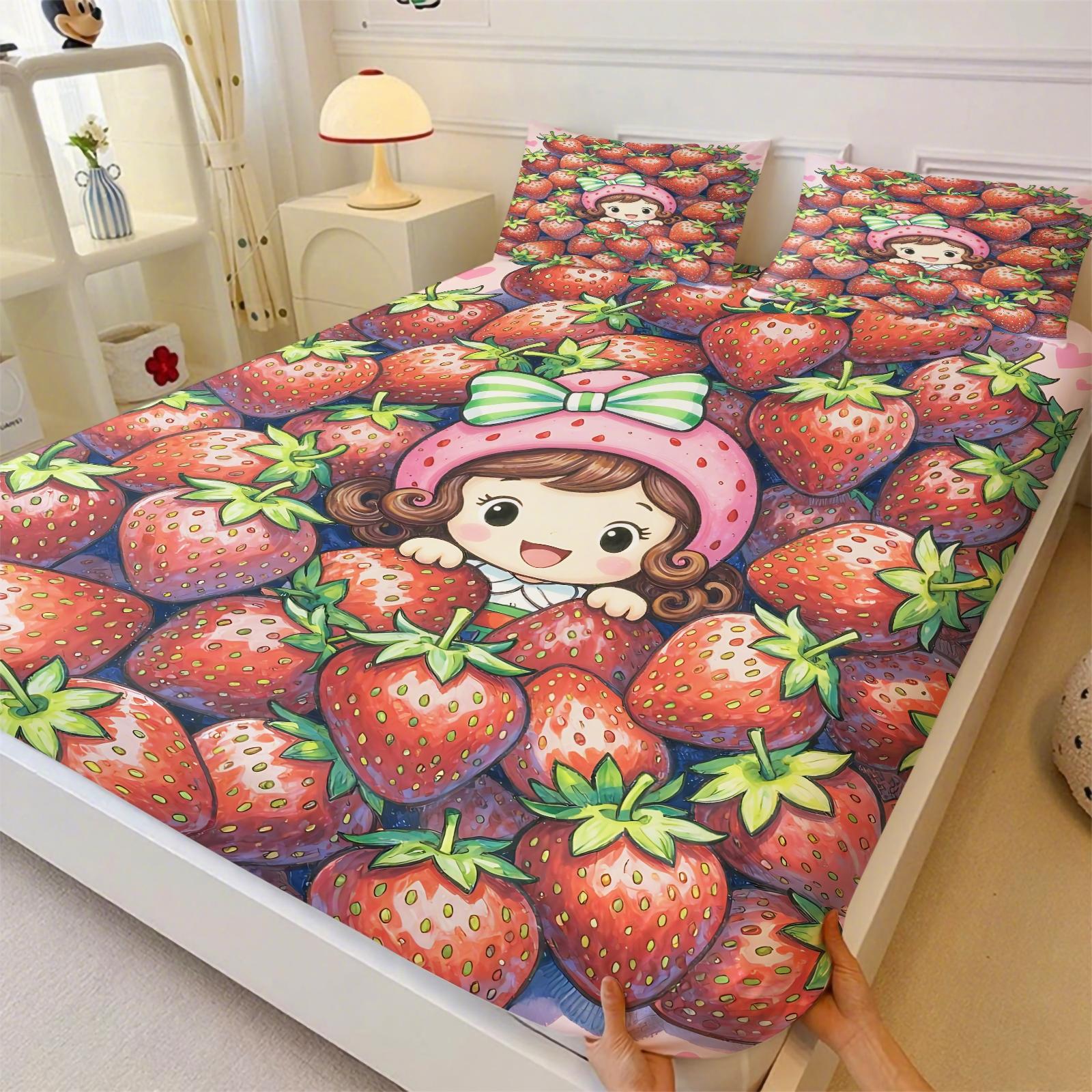 Strawberry Sweetheart Fitted Sheet Set & 2 Pillowcases, 3D Strawberry Full Print & Q-Version Cartoon Girl Design, Soft Anti-Slip Wrinkle-Resistant, Sweet Healing Style Girl's Room Kids Room Decor, Gift Choice