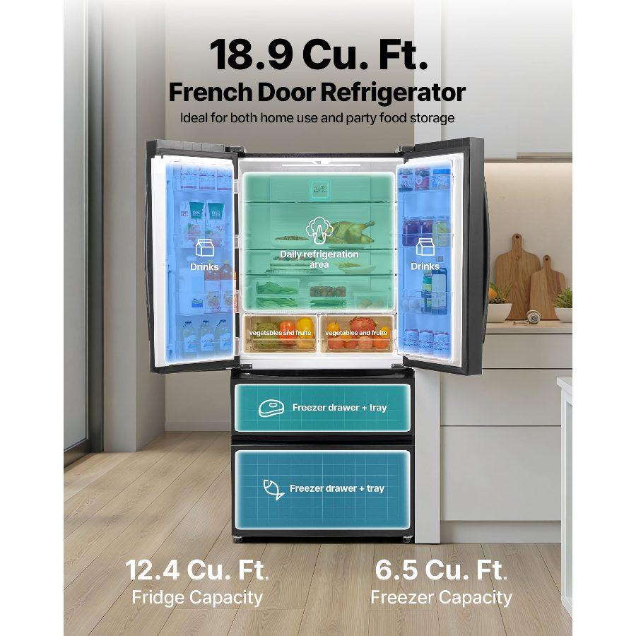 VEVOR Full-Sized French Door Refrigerator, 18.9 Cu. Ft. Counter Depth No Frost Freezer-On-Bottom Fridge, LED Display, 4 Casters, Black for Home Use