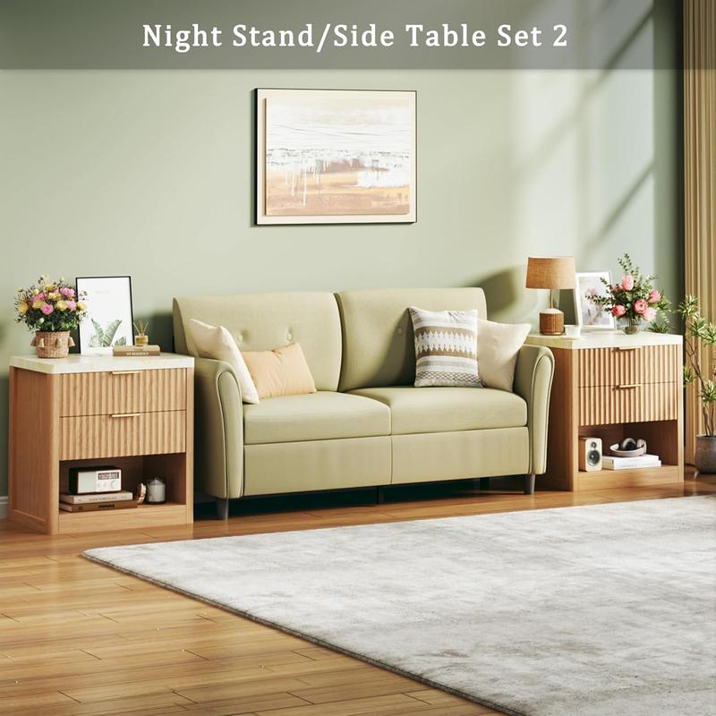 Fluted Nightstand with 2 Drawers, 24'' Night Stand with Wireless Charging Station, Mid Century Modern Side Table with Faux Marble Top, Large Wooden Bedside End Table for Bedroom, Oak