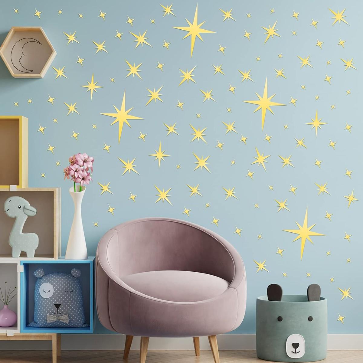 82 Piece 3D Acrylic Star Mirror Wall Stickers, Detachable Self-Adhesive Decorative Decals, Ceiling Bedroom Living Room Girl's Room, /silver Color