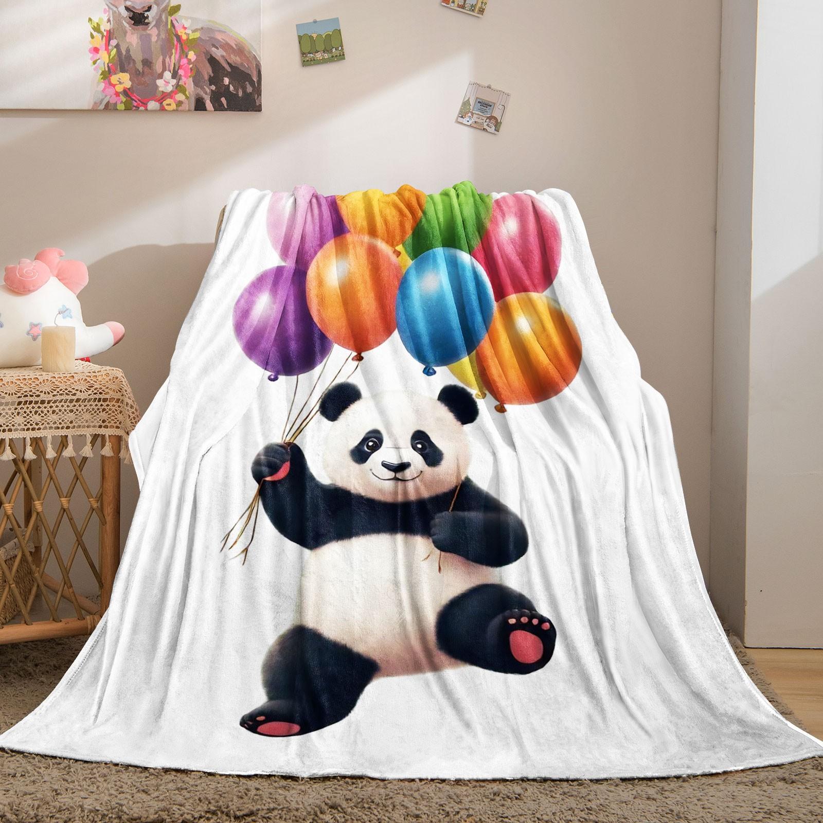 Cute Panda Holding Colorful Balloons Flannel Blanket, Fun Cartoon Animal Print Throw Blanket, Ultra Soft Cozy Warm Blanket, Cheerful Gift Blanket for Kids, Panda Lovers, Couch & Bed