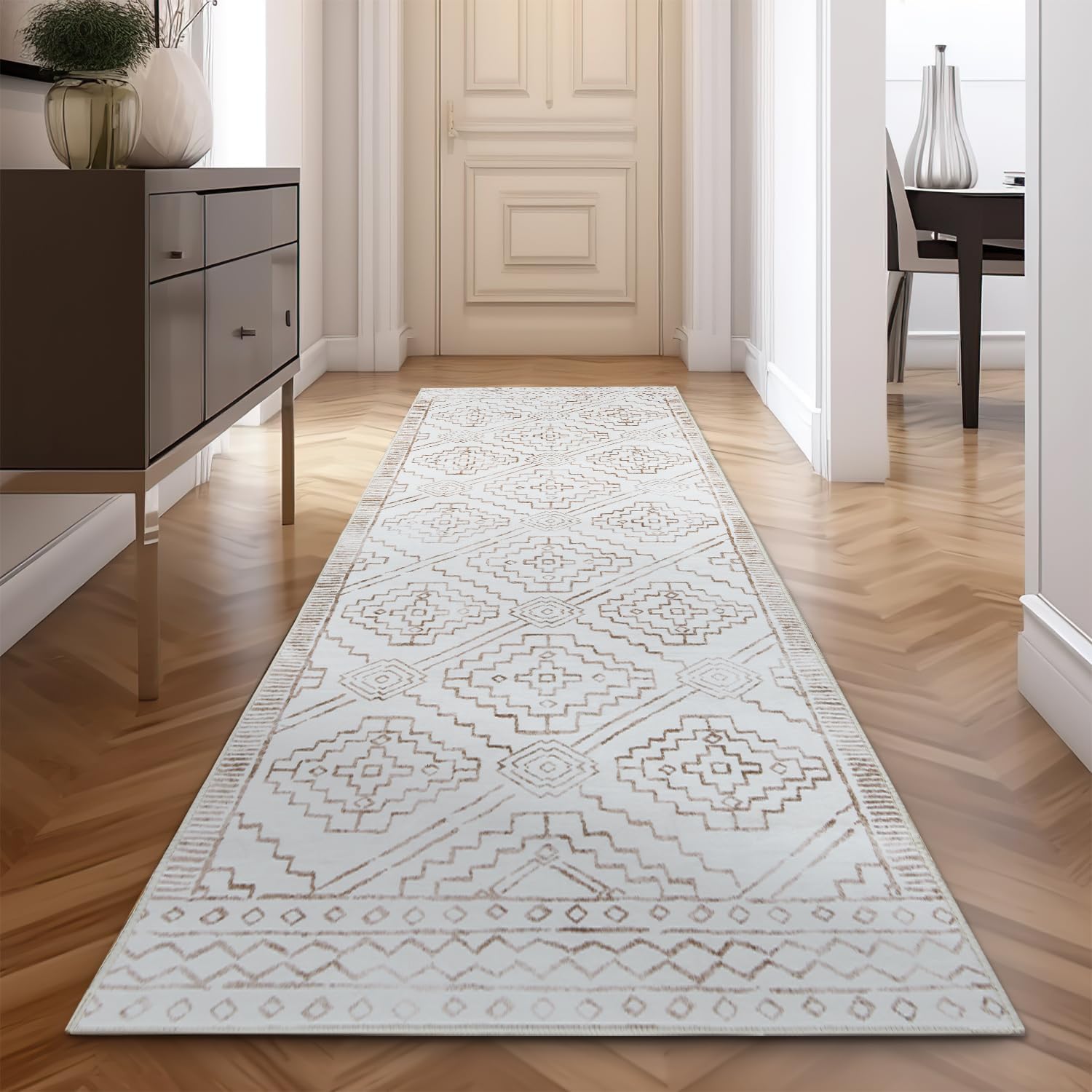 Hallway Runner Rug 3x10 - Moroccan Kitchen Machine Washable Runner Rug Modern Geometric Soft Faux Wool Ultra-Thin Low-Pile Non-Slip Carpet for Laundry Room Bedroom Farmhouse (3x10ft, Taupe)