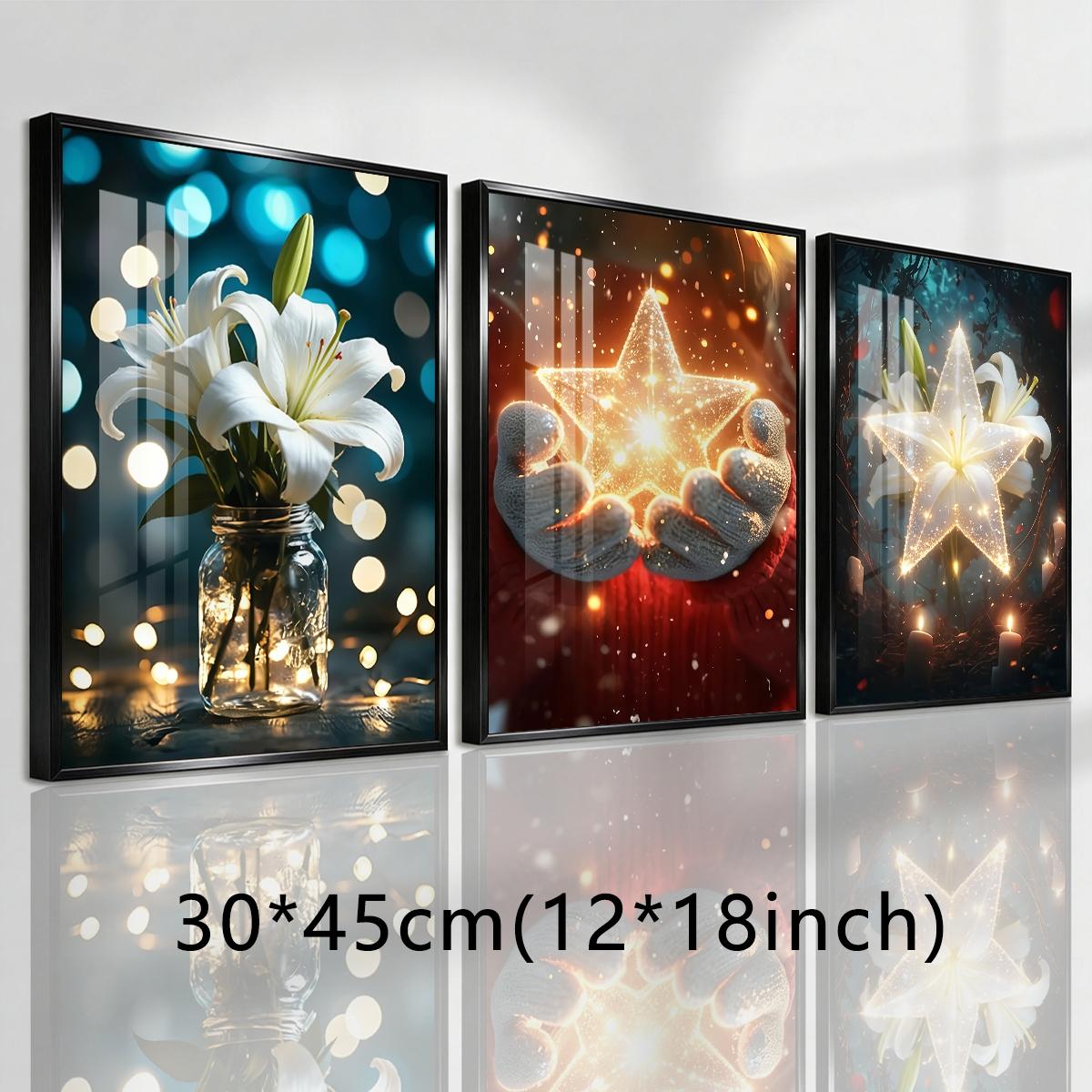 3 Counts Aluminum Alloy Framed Painting, White Lily And Glowing Star Art Pictures, Home Decoration For Living Room, Bedroom, Office, Restaurant, Hallway Wall Decor, Odorless Print Artwork, Luxury Perfect Gift For Friends And Family