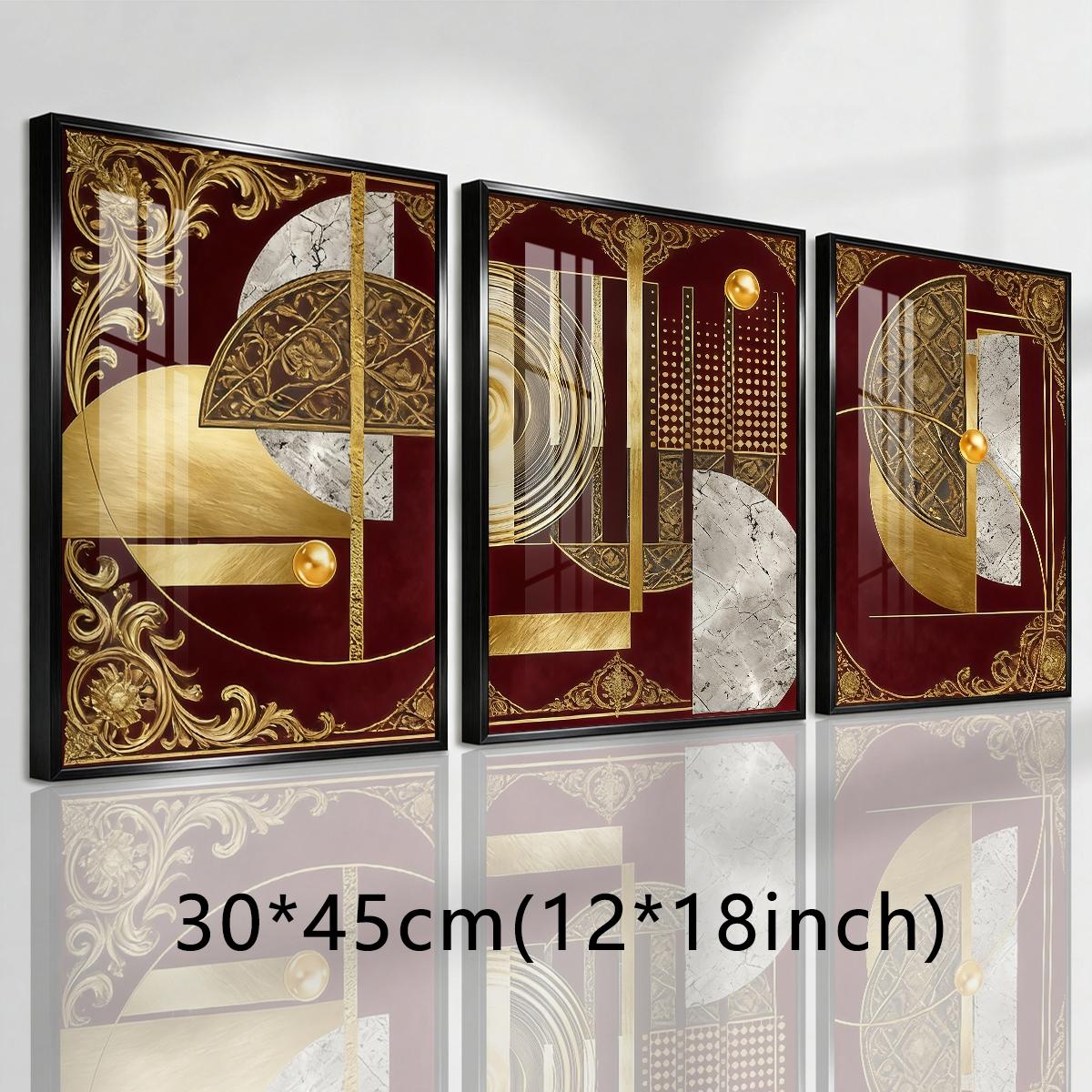 3 Counts Aluminum Alloy Framed Painting, Abstract Geometric Gold And Burgundy Art, Home Decoration For Living Room, Bedroom, Office, Restaurant, Hallway Wall Decor, Odorless Print Artwork, Luxury Perfect Gift For Friends And Family