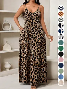 Summer Leopard Print Halter Dress, Long A-Line Maxi Dress, Casual V-Neck Dress with Pockets, Loose Fit Beach Dress, Ffsp063