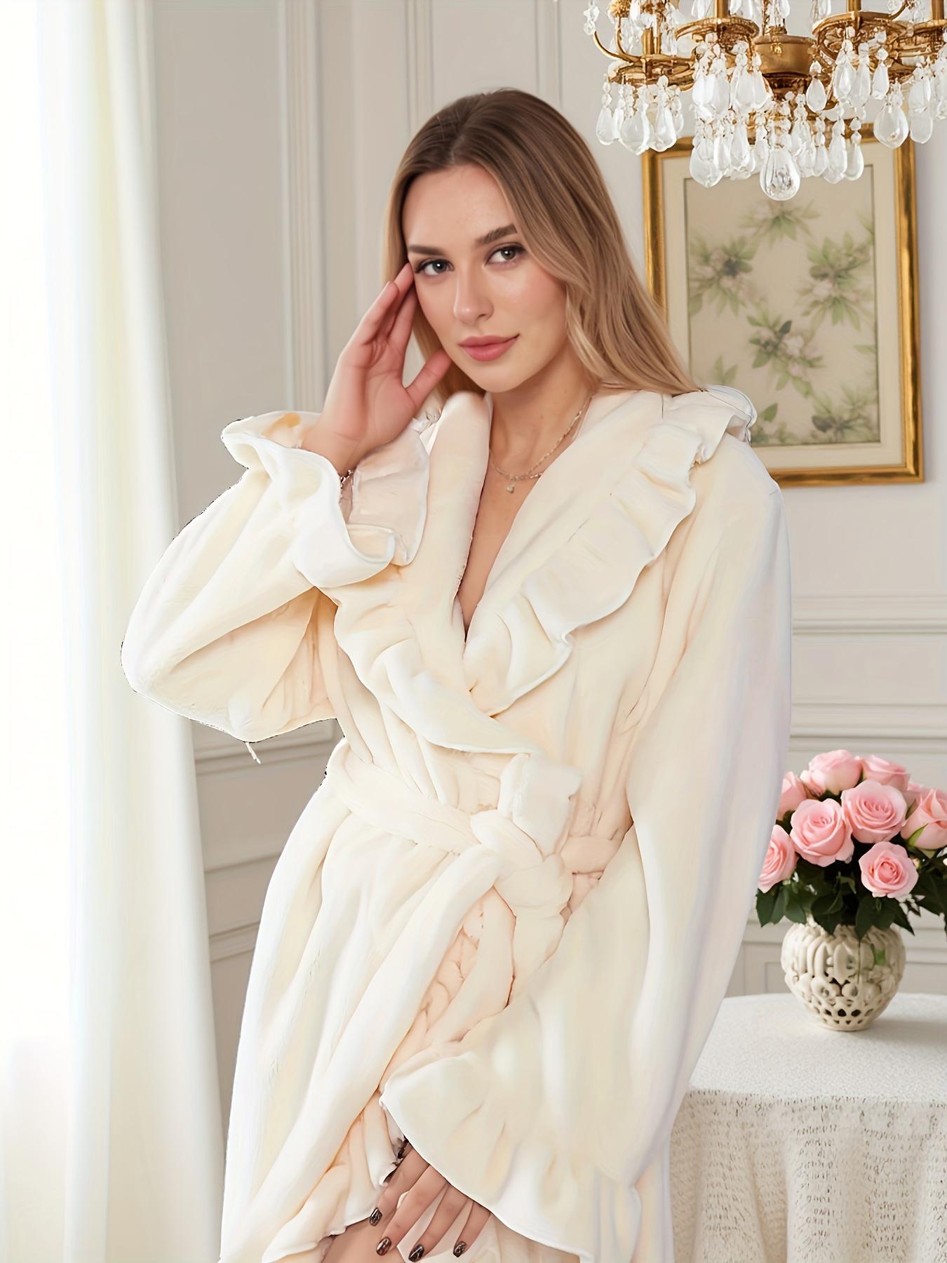 Fall & Winter Fitted Flannel Long-Sleeved Womenswear Robe with Ruffle Hem, Cozy Warmth, Elegant Chic Style and Elegance, Thick and Soft Layered Loungewear Bathrobe Nightwear