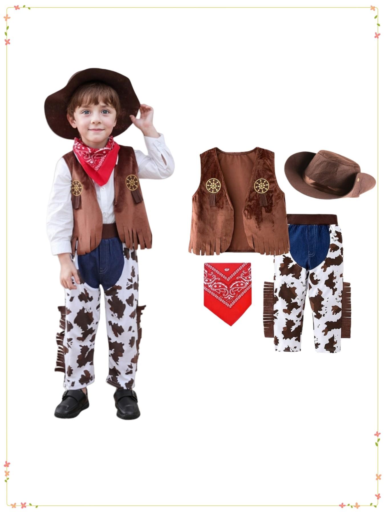 Kid Cowboy Costume 4pcs Set Boys Halloween Cosplay Event Dress Up Parties Stage Performance Outfits