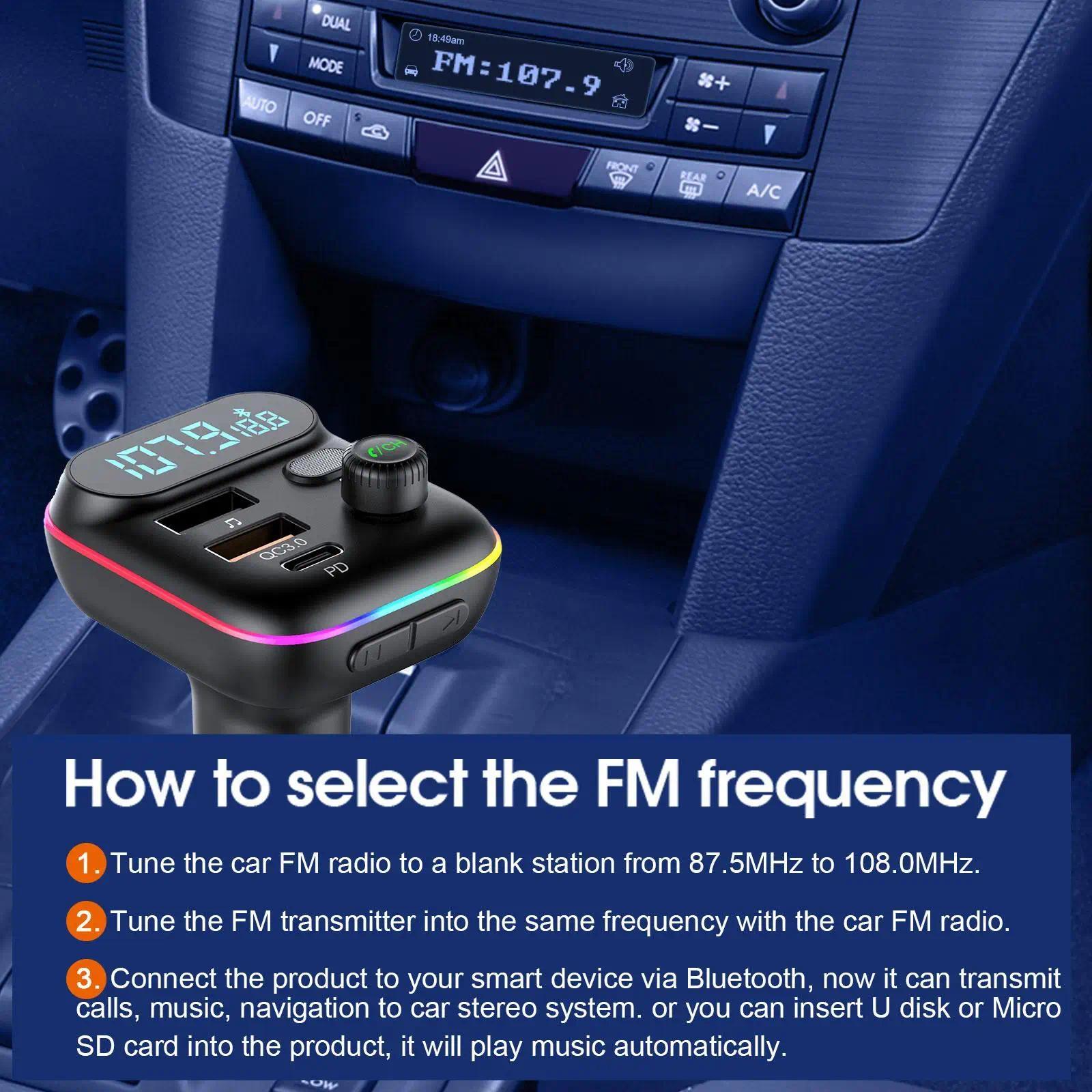 Bluetooth Car Adapter, In-Car FM Transmitter with Bluetooth 5.0, 18W PD Fast Charging, QC3.0, USB + PD Ports, Type-C, Colorful Ambient Light, Dual Music Player, Bluetooth Calling, Cigarette Lighter Accessory with Easy Setup
