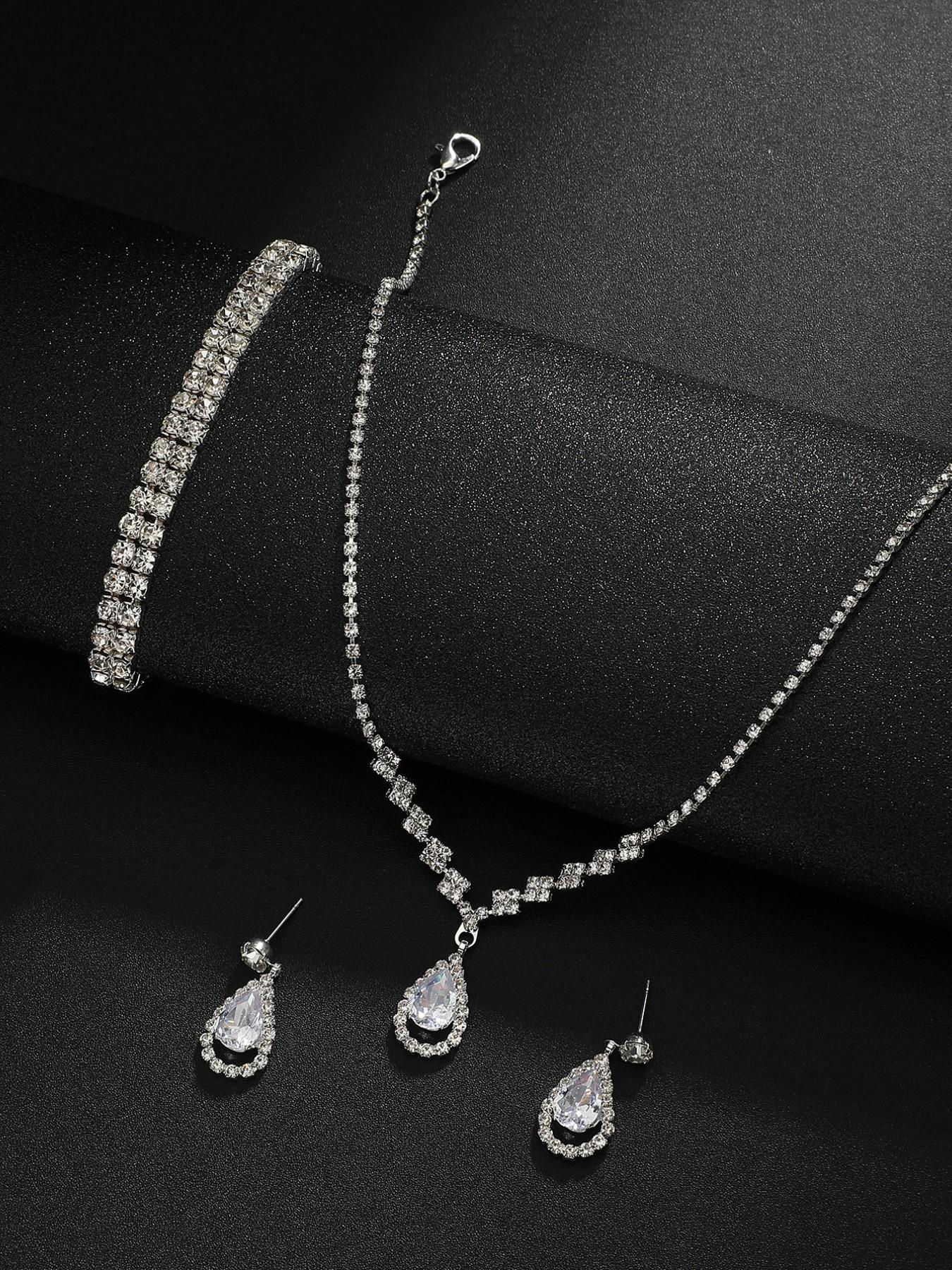 Vintage Luxurious Full Diamond Tennis Chain Set, Teardrop Pendant Necklace Earrings Bracelet, Wedding Accessories, Casual All-Season Jewelry