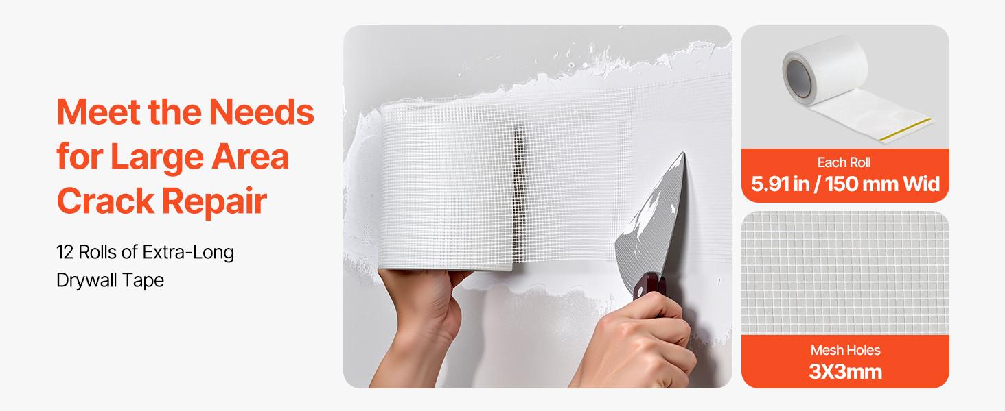 VEVOR Drywall Mesh Tape, 5.91 inch Wx 98.43 ft L Self-Adhesive Fiberglass Drywall Joint Tape, 12 Rolls Dry Wall Patch for Easy Sheetrock Ceiling Crack Repair, to Achieve Smooth Even Wall Surface