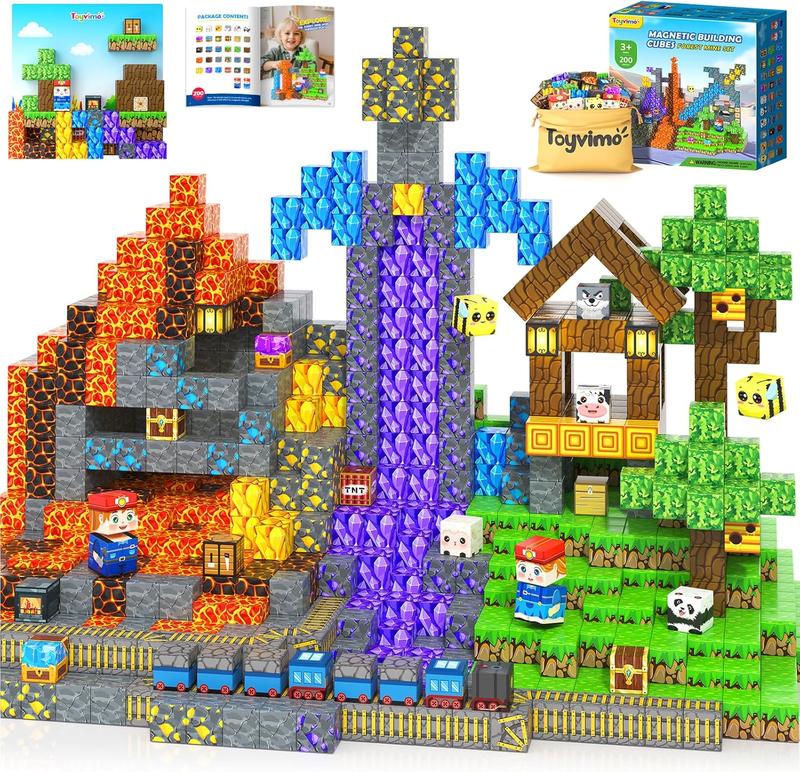 200PCS Magnetic Blocks Toys with Storage Bag Magnetic Board Sensory Toys Stacking Blocks, Build Mine Magnet World Birthday Gifts
