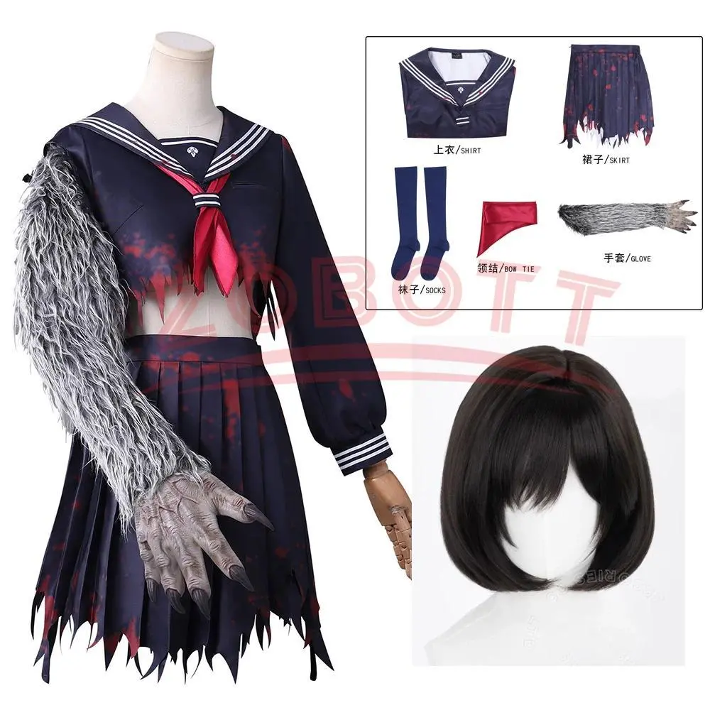 Shimizu Hinako Cosplay Sailor Uniform And Claw Prop Gloves Wig SILENT HILL f Costumes The Fox Hinako's Damaged Uniform Skirt