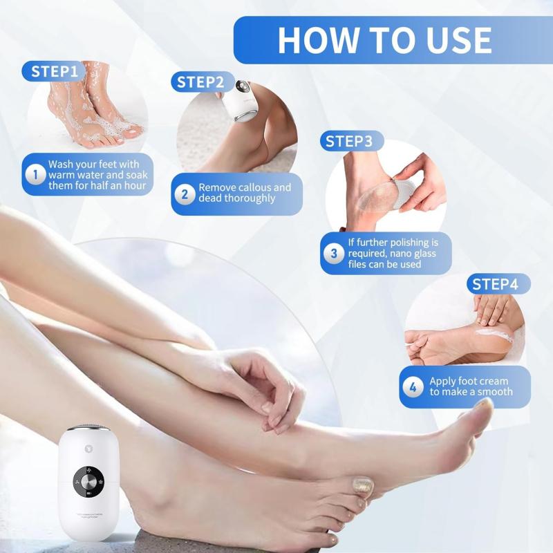Electric Foot Callus Remover Grinder - Rechargeable Pedicure Tools Callus Remover for Feet Foot Scrubber File Foot Care with 3 Speeds 2 Stainless Nail Art Nail Cutics Cleansing White Manicure Set Long Lasting Salon Water Proof Cleanser