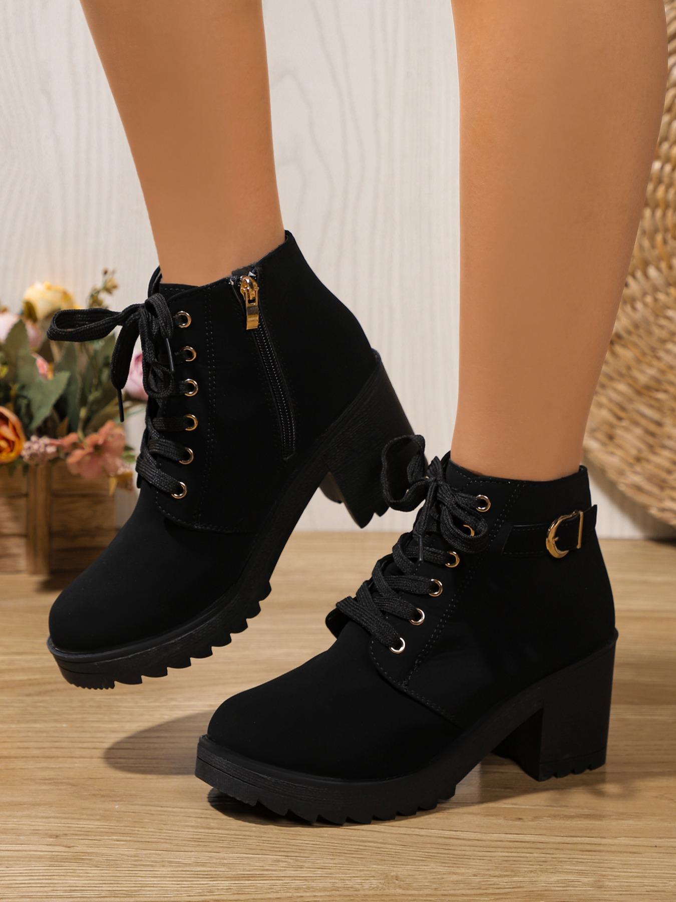 Women's Chunky Heel Thick Sole Ankle Boots, Side Zipper Lace-Up High Heel Boots, Fall Winter Casual Fashion Shoes Women's Chunky Heel Thick Sole Ankle Boots, Side Zipper Lace-Up High Heel Boots, Fall Winter Casual Fashion Shoes