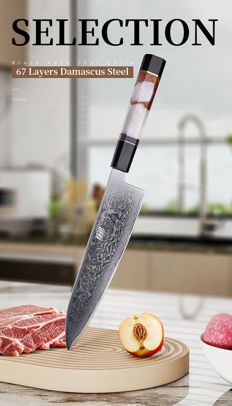 FINDKING 8 Inch Japanese Chef Knife, Professional Gyuto Kitchen Knife, Sharp, Sturdy & Elegant Damascus Knife, for Everyday Cooking (BLACK-ROSE Series)