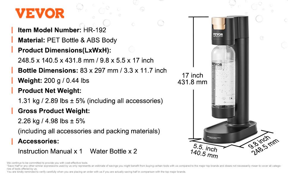 VEVOR Automatic Plastic Sparkling Water Maker Soda Starter Kit - Travel-Friendly, Natural, Additive-Free, Sugarless Carbonation, 2 BPA-Free 1L PET Bottles, Mainstream Screw-In 60L CO2 Cylinders Compatible (Not Included), Black