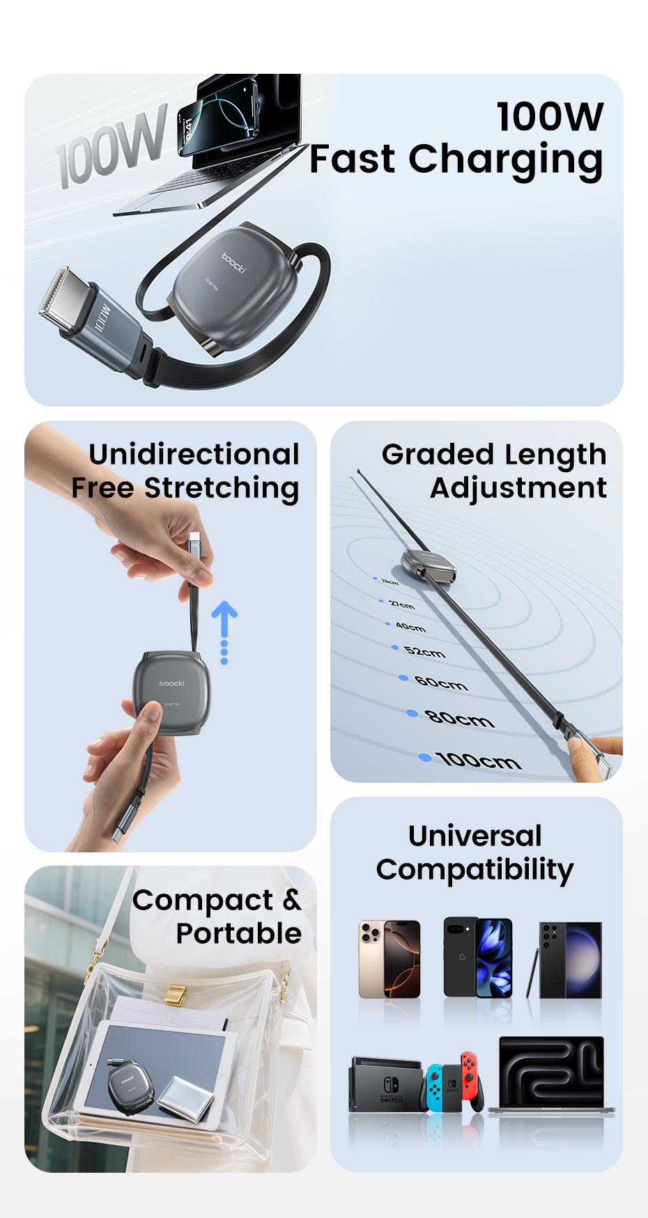 Toocki 100W USB C to USB C Retractable Cable Super Fast Charging For iPhone 16 15 Pro Max iPad Macbook Samsung S24 S23 Laptop Xiaomi Type C Cable PD 27W Type-C To Lightning Data Cable For iPhone 8-14 Series 1M Toocki 100W USB C to USB C Retractable Cable Super Fast Charging For iPhone 16 15 Pro Max iPad Macbook Samsung S24 S23 Laptop Xiaomi Type C Cable PD 27W Type-C To Lightning Data Cable For iPhone 8-14 Series 1M