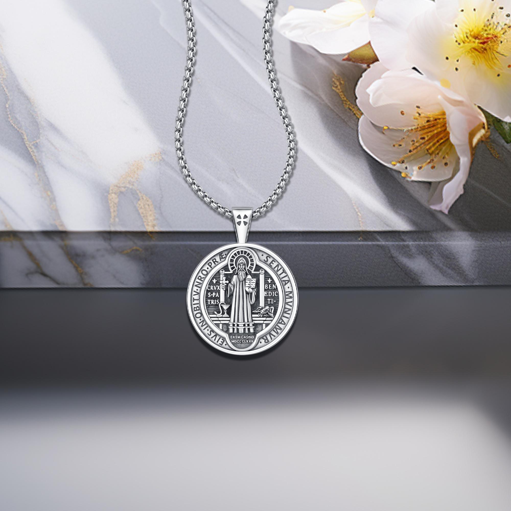 DRINSPER S925 Medalla de San Benito, 925 Sterling Silver St. Benedict of Nursia Vintage Medal Necklace, Protection Cross Sacramental Christian Belief Amulet Exorcism Religious Jewelry Gift for Men Women