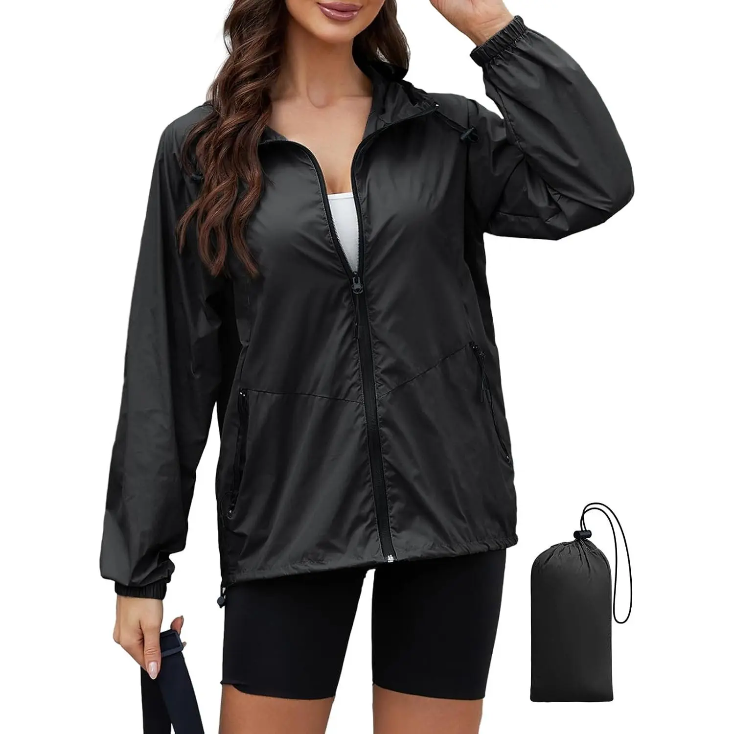 Women's Lightweight Packable Rain Jacket with Hood, Waterproof Shell, Folds into Pouch, Ultra Thin, Travel Hiking Outdoor, XS-3XLGift