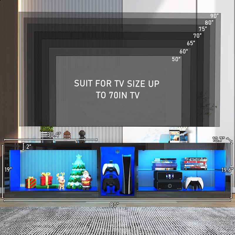 55/63/71/81 inch LED TV Stands W/Power Outlet,Black Entertainment Center W/70000-Colors Lights,High Gloss LED TV Console w/Adjustable Glass Shelves for Living Room Gameroom