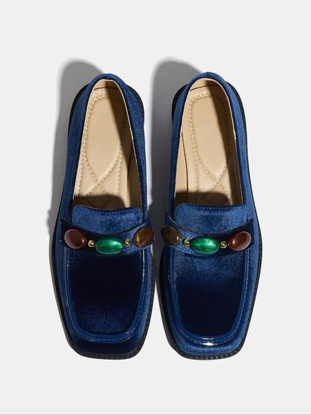 Women's Fashion Fall New Velvet Thick Sole Blue Square Toe Mid Heel Soft Bottom Outdoor Lightweight Breathable Slip-On Loafers