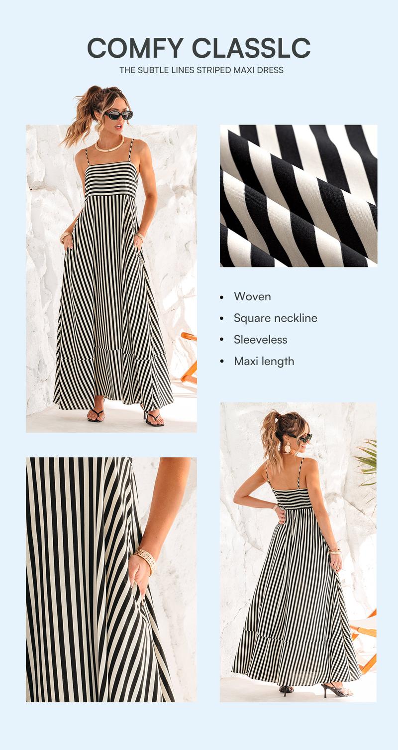 CUPSHE 【Valentine's Day】 Waist Striped Maxi Dress: Viral Flattering Square Neck Sundress for Beach Vacation & Resort Wear (Size XS-XXL)