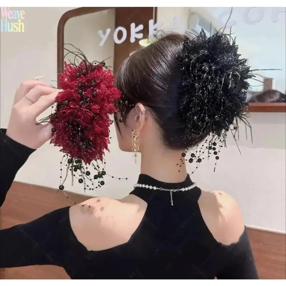 2026 New Luxury Retro Hong Kong Style Shark Hair Clip, Sparkly Floral Beaded Decor Large Hair Claw Clip, Elegant Premium White Hairpin For Women Secure Updo Styling High-End Temperament Daily Formal Hair Accessory