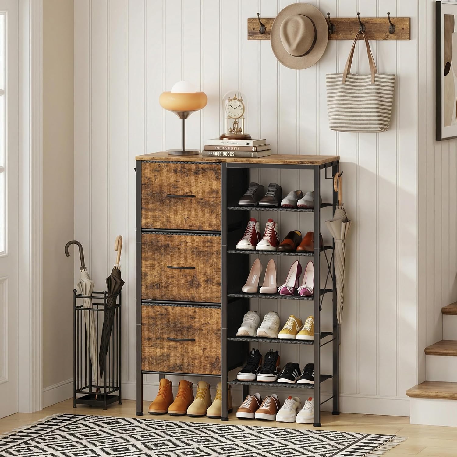 Shoe Rack Organizer with 3 Fabric Drawers, 6 Tier Shoe Cabinet Storage, Multi-Use Metal Shelf for Entryway,Closet,Living Room