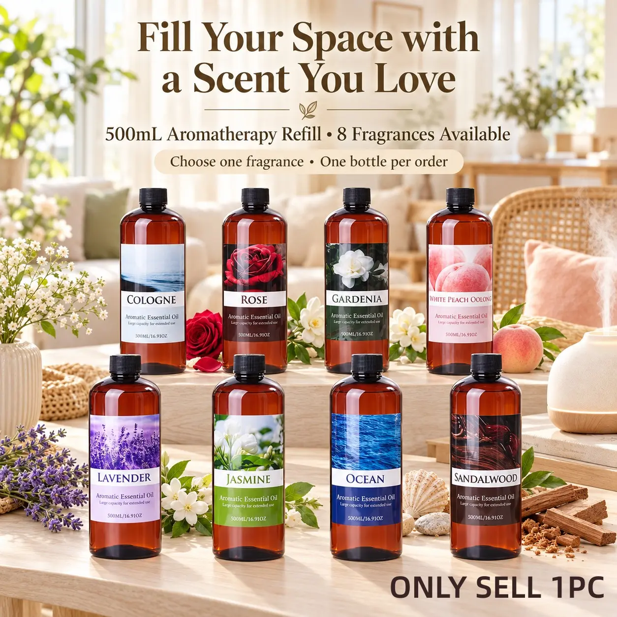 500ML Aromatic Essential Oil, 8 Classic Scents, Long-Lasting Natural Fragrance, Ideal for Diffusers, Humidifiers, Car Diffusers