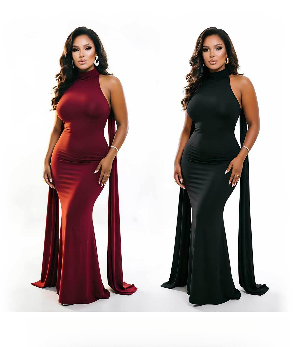 Plus Size Halter Mermaid Evening Dress Sleeveless Bodycon Long Formal Party Gown With Ribbon