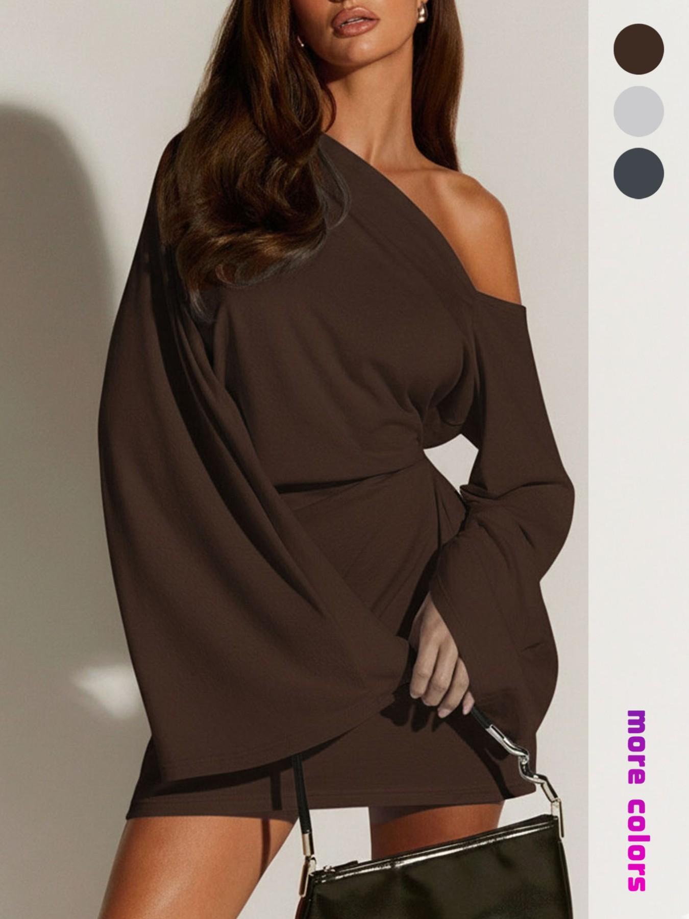 Elegant One Shoulder Flare Sleeve Fitted Dress, Deep Color Evening Night Out Short Skirt, Show off Shoulders Party Dress for Women