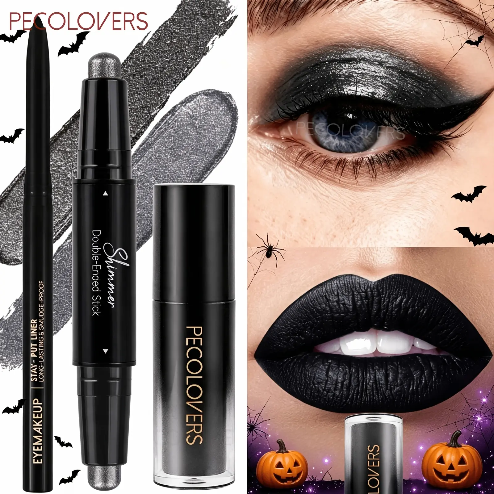3PCS/Set Dark Style Makeup Set, Including Matte Black Lipstick + Double-ended Eyeshadow Stick + Eyeliner, Waterproof and Smudge-proof, Smooth Formula, Pearlescent Matte Makeup Effect, Very Suitable for Halloween, Music Festivals, Carnival Makeup